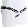 A black elasticated 3 way waist strap with the word Love covering it in silver text.