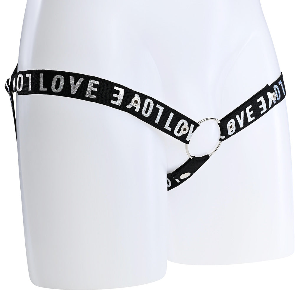 A black elasticated 3 way waist strap with the word Love covering it in silver text.