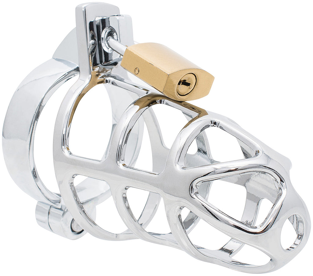 Steel HoD300 male chastity device with a 40mm hinged back ring.