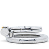 A polished metal flat cage and ring with a matching circular lock, shown in a side profile view against a solid white background.