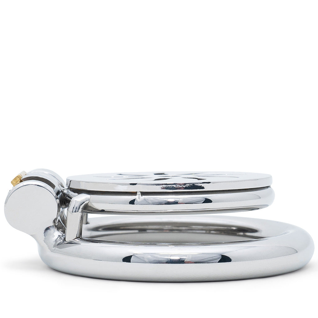 A polished metal flat cage and ring with a matching circular lock, shown in a side profile view against a solid white background.