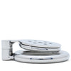 A polished flat metal cage featuring multiple drainage holes attached to a circular back ring, shown on a solid white background.
