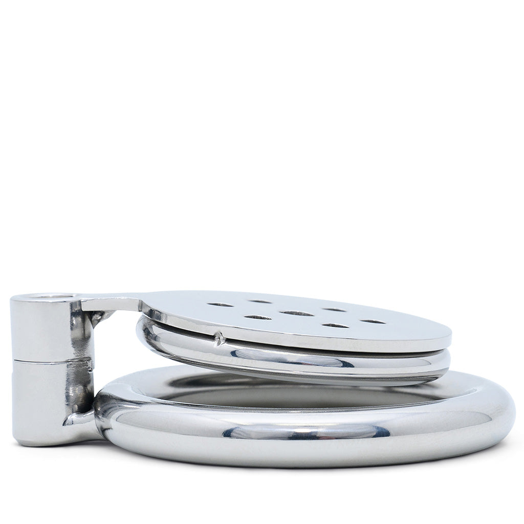 A polished flat metal cage featuring multiple drainage holes attached to a circular back ring, shown on a solid white background.