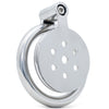 A polished stainless steel flat circular metal cage featuring multiple pre-drilled holes and a screw lock top section, shown on a plain white background.