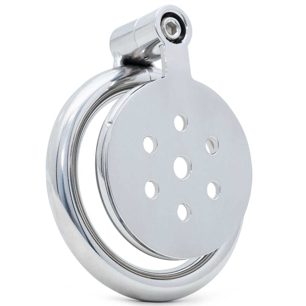 A polished stainless steel flat circular metal cage featuring multiple pre-drilled holes and a screw lock top section, shown on a plain white background.