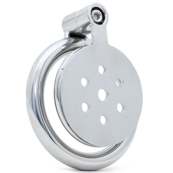 A polished stainless steel flat circular metal cage featuring multiple pre-drilled holes and a screw lock top section, shown on a plain white background.