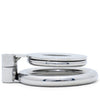 A flat metal cage lying flat attached to a circular ring, shown on a solid white background.