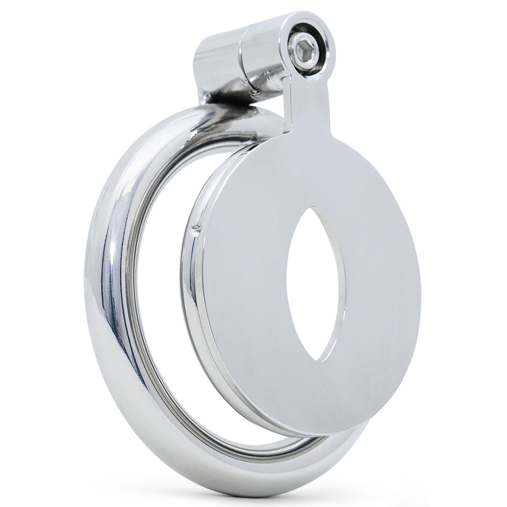 A polished stainless steel cage with a cats eye opening on the front and a top mounting screw lock system, shown on a clean white background.