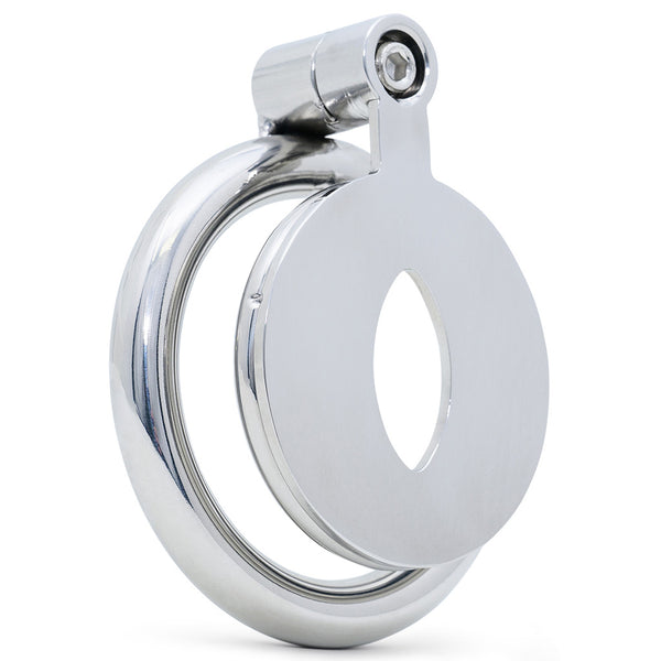 A polished stainless steel cage with a cats eye opening on the front and a top mounting screw lock system, shown on a clean white background.