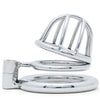 A polished metal adult novelty item with a curved cage-like top and circular back ring, photographed on a clean white background.
