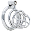 A polished stainless steel male chastity cage an attached interlocking rings and a wire muzzle style design, shown on a clean white background.