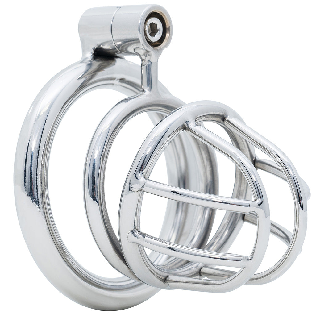 A polished stainless steel male chastity cage an attached interlocking rings and a wire muzzle style design, shown on a clean white background.