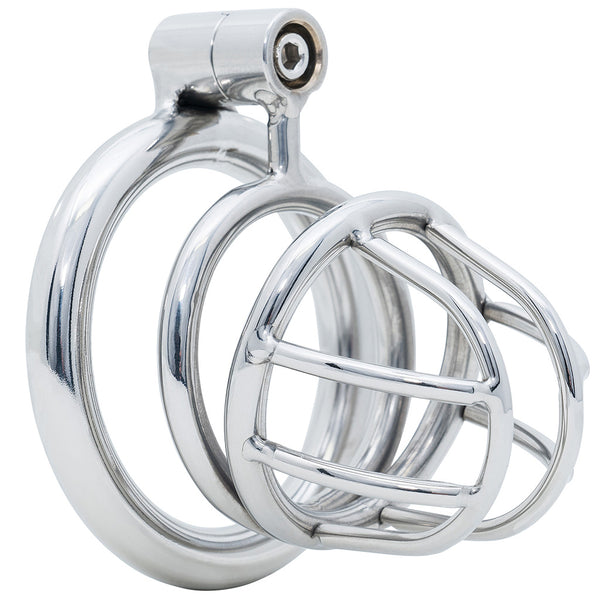 A polished stainless steel male chastity cage an attached interlocking rings and a wire muzzle style design, shown on a clean white background.