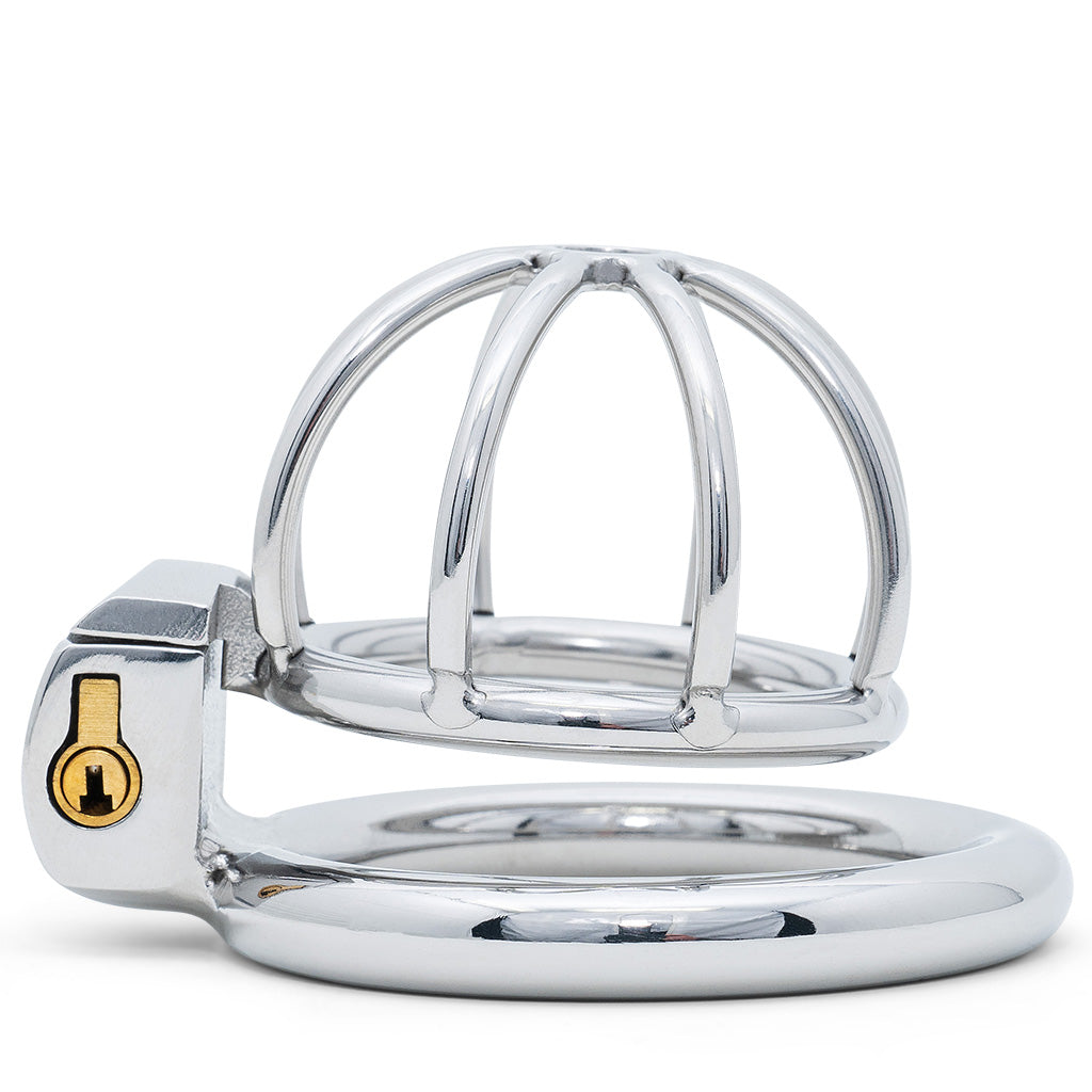 A polished metal cage-style restraint with an enclosed lock and visible brass keyhole detail, photographed on a clean white background.