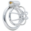 A polished metal cage and attached back ring with an enclosed lock and keyhole on the top, photographed on a clean white background.