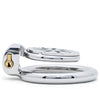 A polished flat metal cage and ring with an enclosed brass lock, shown in a side profile view against a solid white background.
