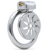 A polished steel chastity device featuring decorative cut outs and a small enclosed brass locking mechanism, shown on a plain white background.