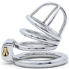 A polished metal adult novelty item with a curved large cage size top and circular back ring, photographed on a clean white background.