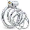 A polished stainless steel large size cage an attached interlocking rings, a wire muzzle style design and enclosed lock system, shown on a clean white background.