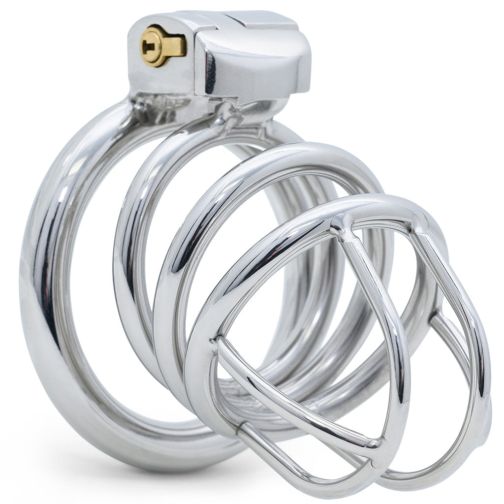 A polished stainless steel large size cage an attached interlocking rings, a wire muzzle style design and enclosed lock system, shown on a clean white background.