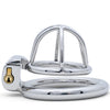 A polished metal adult novelty item with a curved small cage size top and circular back ring, photographed on a clean white background.