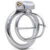 A polished stainless steel small male chastity cage an attached interlocking rings, a wire muzzle style design and enclosed lock system, shown on a clean white background.