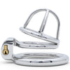 A polished metal adult novelty item with a curved standard cage size top and circular back ring, photographed on a clean white background.