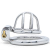 A polished metal chastity device with a lock and keyhole on the side, shown on a clean white background.
