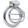A shiny stainless steel cage design with double side bars and attached to an interlocking back ring with enclosed lock, shown on a clean white background.