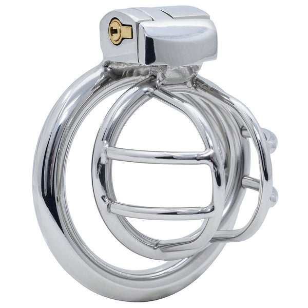A shiny stainless steel cage design with double side bars and attached to an interlocking back ring with enclosed lock, shown on a clean white background.