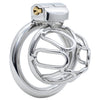 A polished stainless steel chastity device featuring a large outer back ring, an intricate cage-like interior structure, and an enclosed brass barrel lock, shown on a white background.