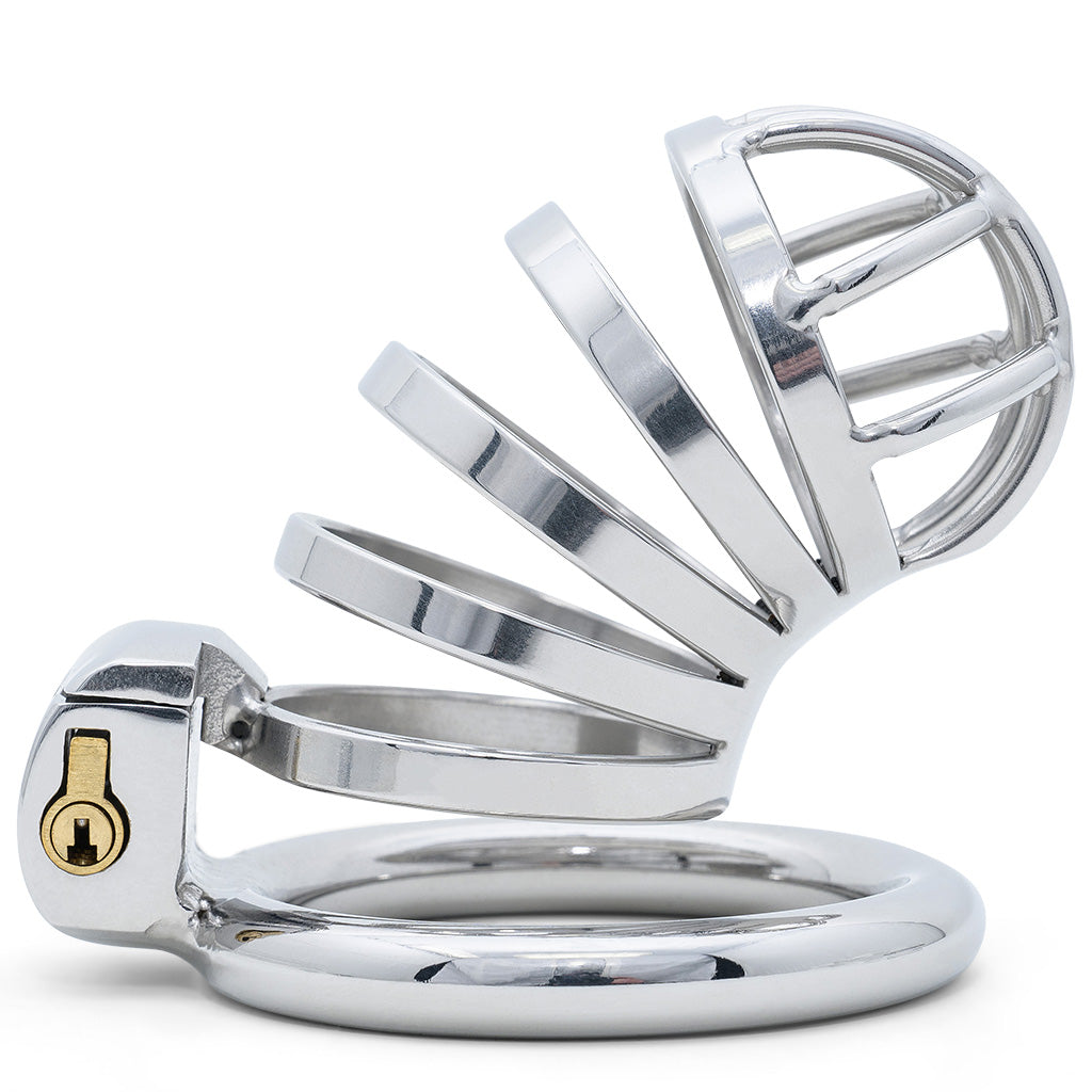 A silver metallic cage and connected back ring with an enclosed brass lock, photographed on a clean white background.