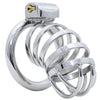 A polished metal cage-style restraint device made up of numerous interconnected rings with a lock and keyhole, photographed on a clean white background.