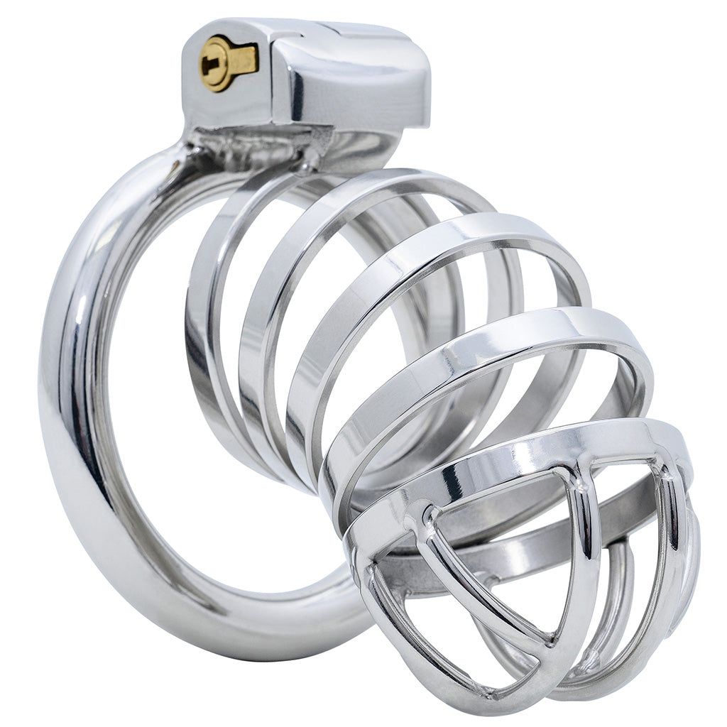 A polished metal cage-style restraint device made up of numerous interconnected rings with a lock and keyhole, photographed on a clean white background.