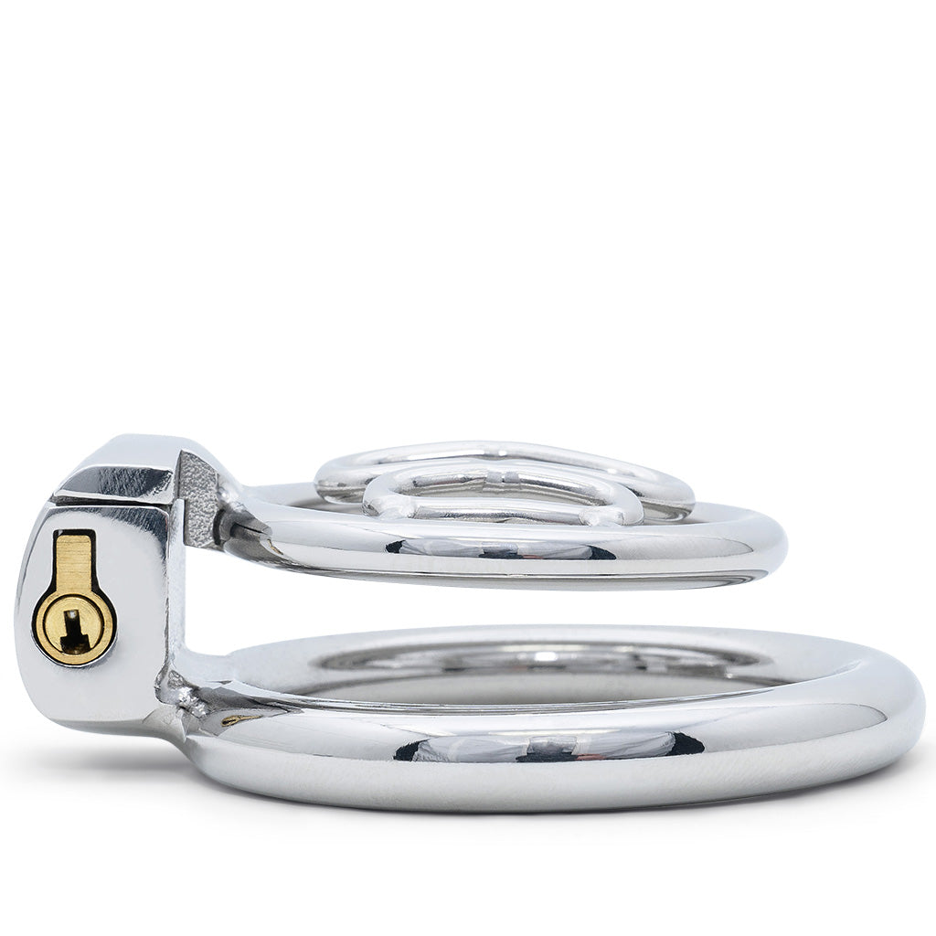 A polished steel cage kit with a gold-coloured lock on the side, shown on a clean white background.