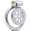 A polished metal cage featuring a circular back ring, a central disc with multiple cut outs, and a locking mechanism with a brass keyhole at the top, shown on a white background.