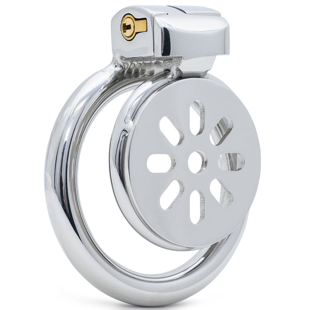 A polished metal cage featuring a circular back ring, a central disc with multiple cut outs, and a locking mechanism with a brass keyhole at the top, shown on a white background.