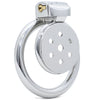 A polished steel back ring with a circular plate featuring multiple circular cut outs and an enclosed lock mechanism, shown against a plain white background.