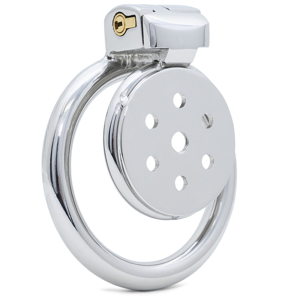 A polished steel back ring with a circular plate featuring multiple circular cut outs and an enclosed lock mechanism, shown against a plain white background.