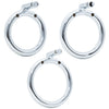 Three polished metal circular back rings  in different sizes with cage pin holes and locking bar attachments, arranged on a plain white background.