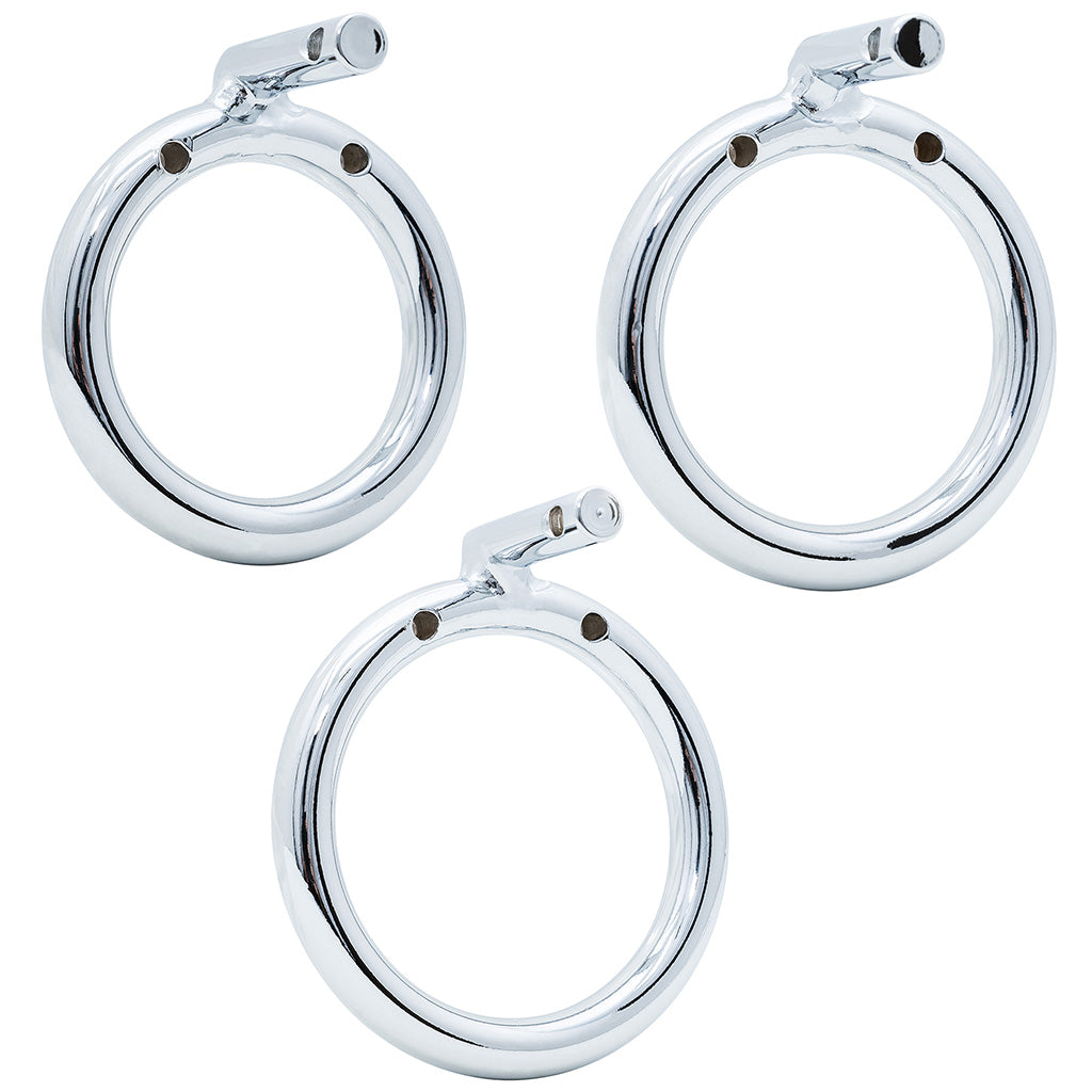 Three polished metal circular back rings  in different sizes with cage pin holes and locking bar attachments, arranged on a plain white background.
