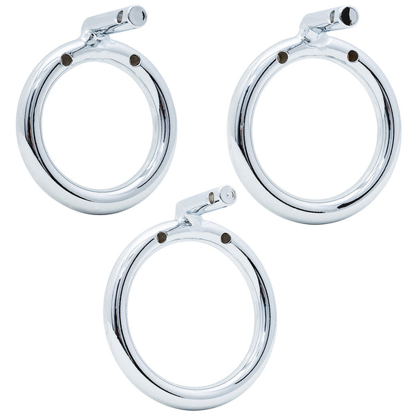 Three polished metal circular back rings  in different sizes with cage pin holes and locking bar attachments, arranged on a plain white background.