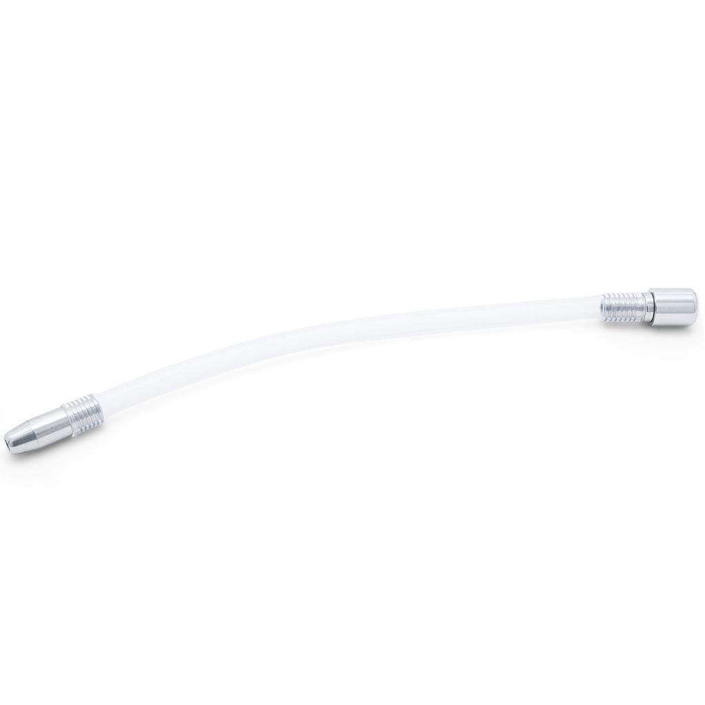 A curved white silicone tube with silver metal threaded connectors on both ends, shown on a plain white background.