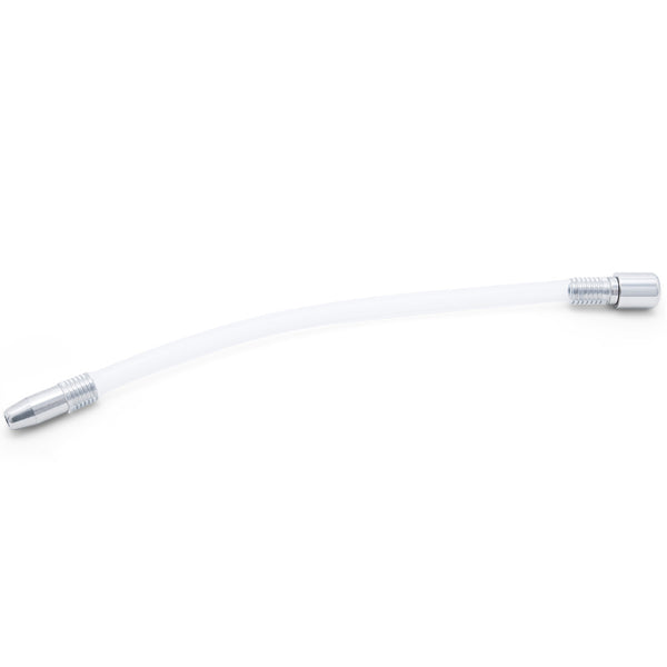 A curved white silicone tube with silver metal threaded connectors on both ends, shown on a plain white background.