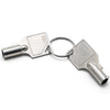 Two silver metal keys on a split keyring with the number 001 debossed into them, photographed on a clean white background.