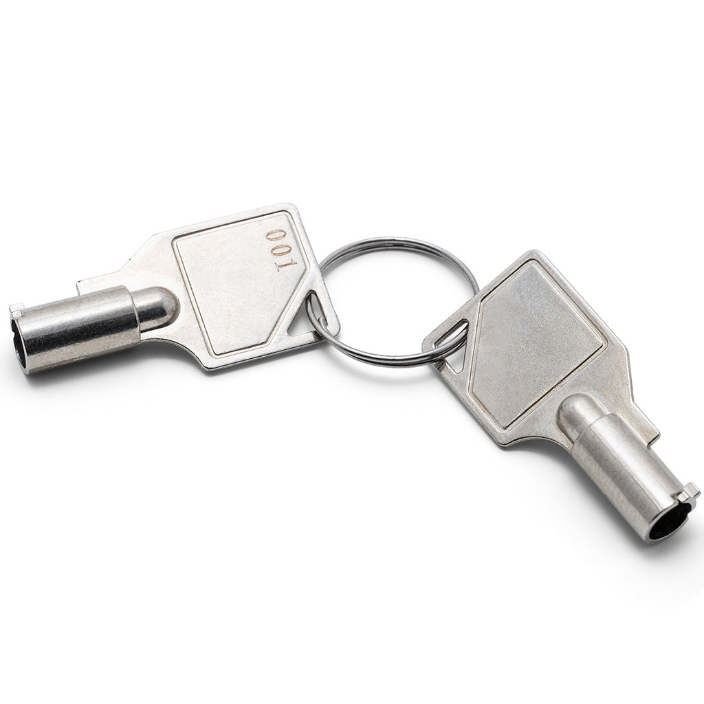 Two silver metal keys on a split keyring with the number 001 debossed into them, photographed on a clean white background.