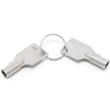 Two silver metal keys on a split keyring with the number 002 debossed into them, photographed on a clean white background.