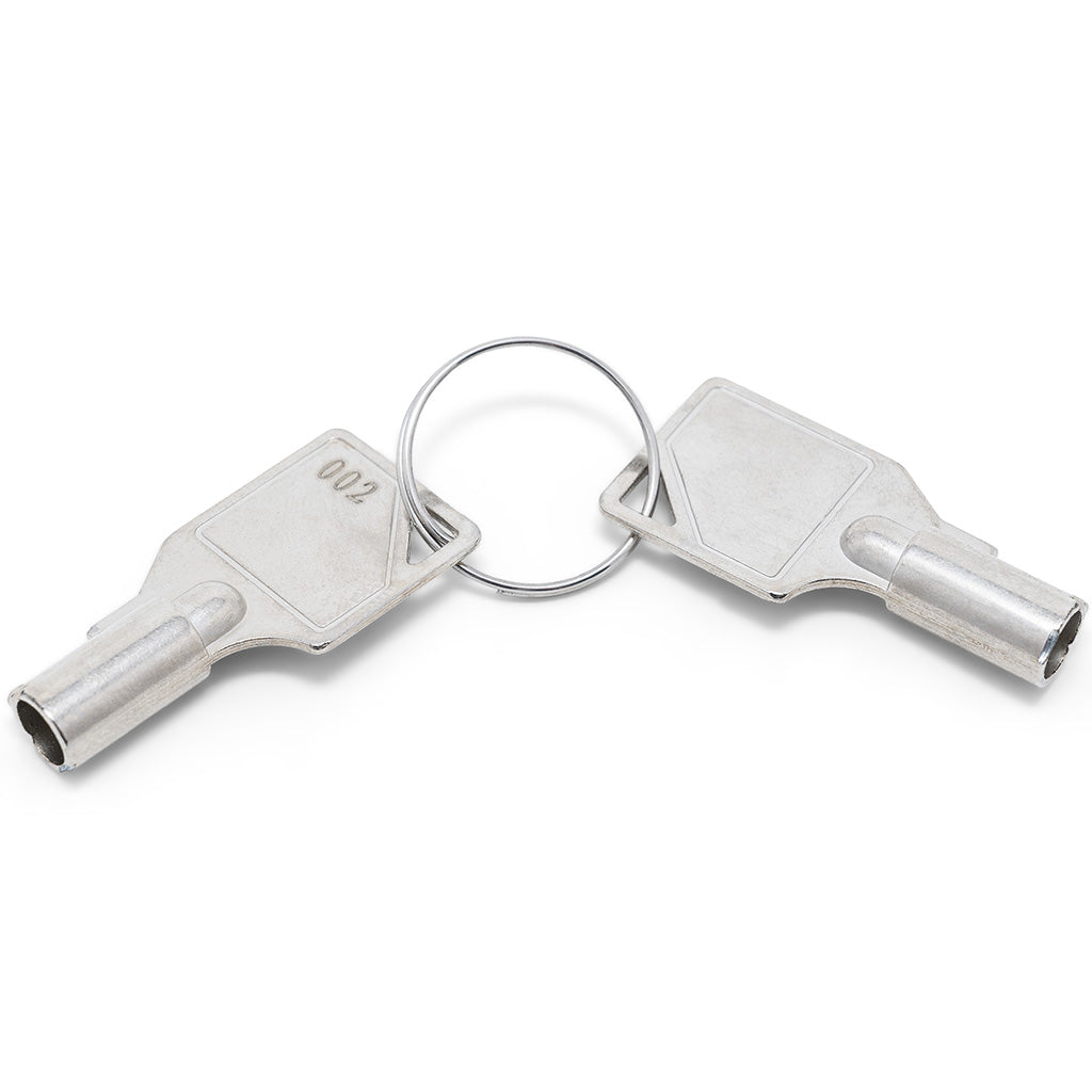 Two silver metal keys on a split keyring with the number 002 debossed into them, photographed on a clean white background.