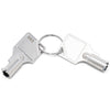 Two silver metal keys on a split keyring with the number 003 debossed into them, photographed on a clean white background.