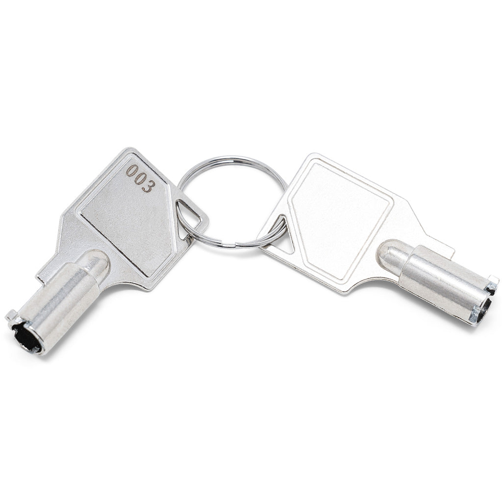 Two silver metal keys on a split keyring with the number 003 debossed into them, photographed on a clean white background.